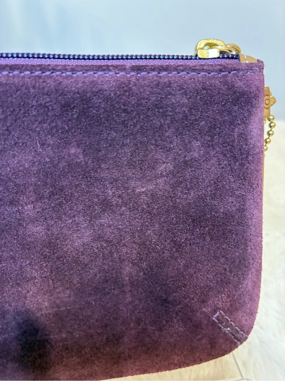 Coach Purple Suede Wristlet Clutch Brown Leather Trim Brass Grommet Y2K Vintage